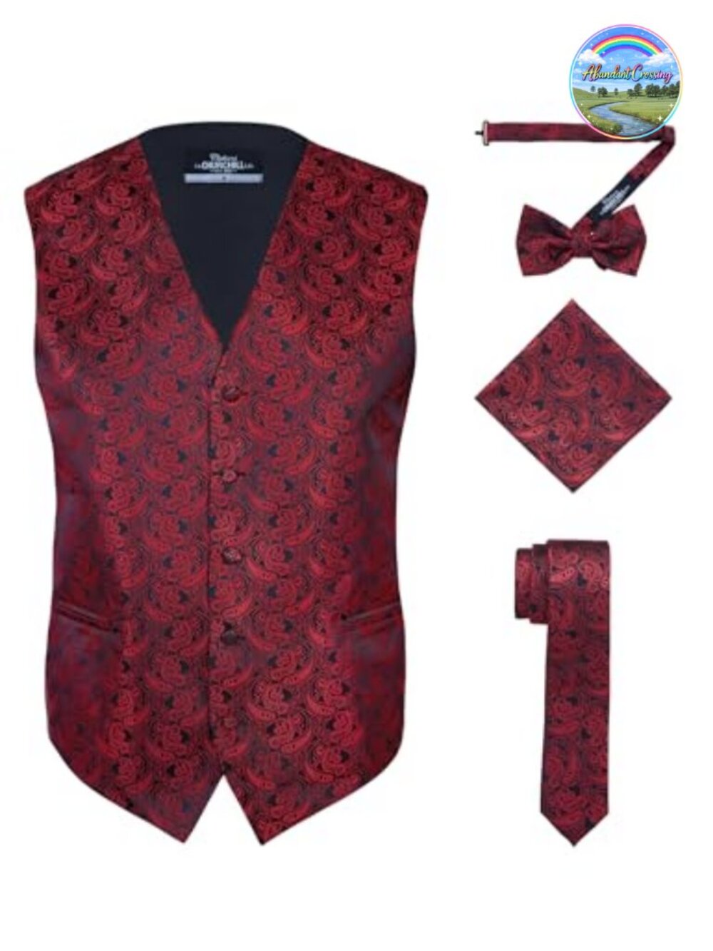 Men's Paisley Vest Set Satin Bow Tie Necktie Pocket Square Formal